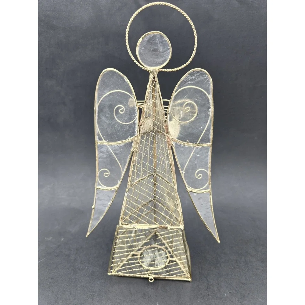 Capiz Shell Angel Tea Light Candle Holder Set Of 3 Gold Tone Wire Harp Book